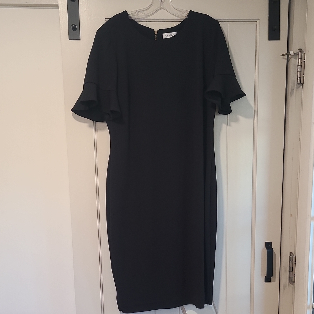 Calvin Klein Black Midi Dress with Ruffle Sleeves